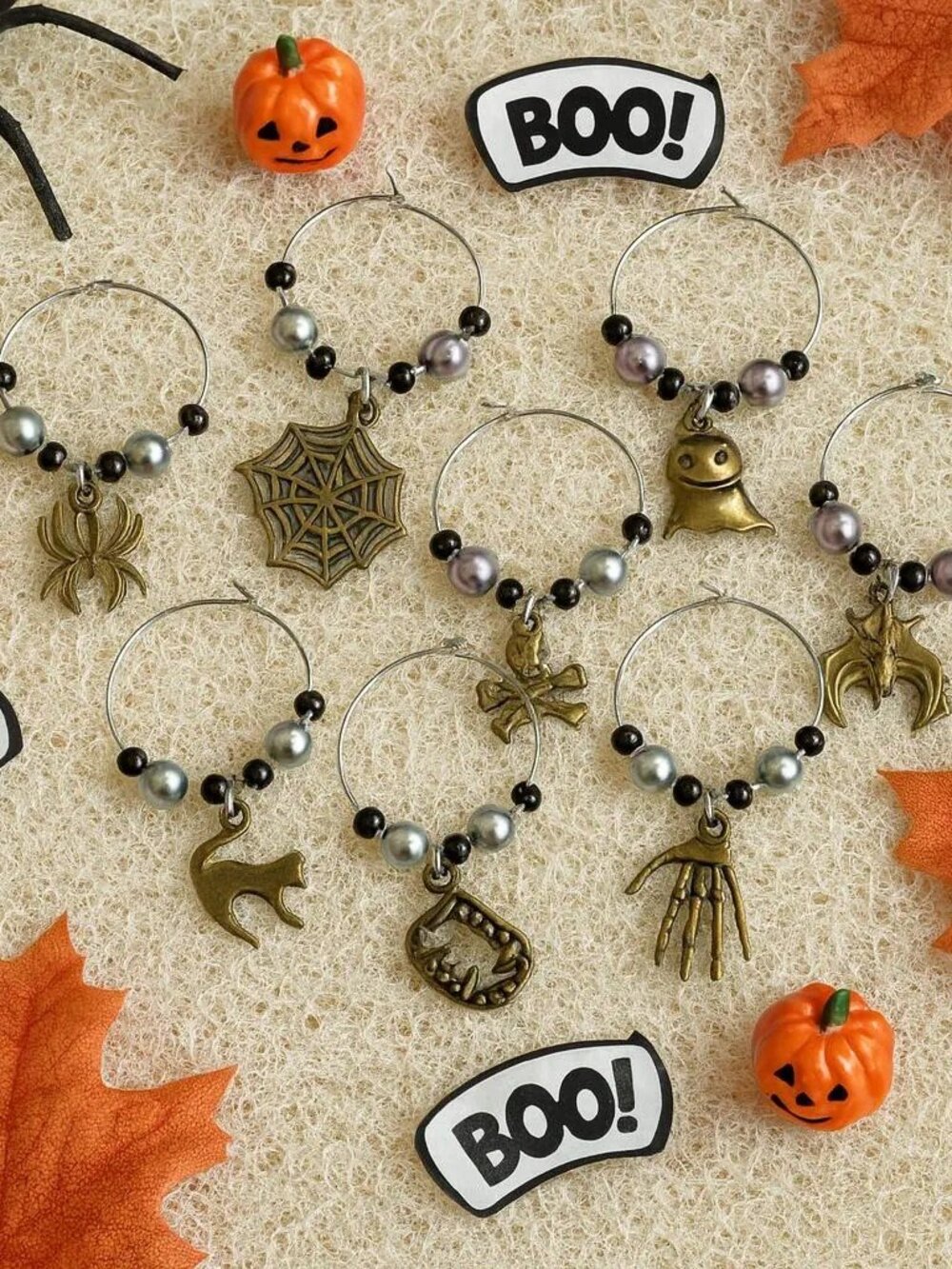 Handmade Halloween Wine Glass Charms – Set of 8 | Bronze Tone | Party Drink Mark